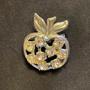 Vintage Silver tone Apple Brooch with Rhinestones